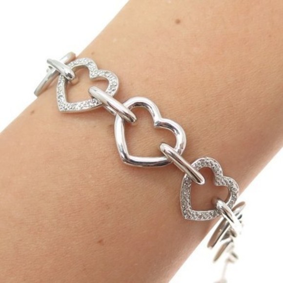 925 Sterling Silver Real Round-Cut Diamond Heart Link...